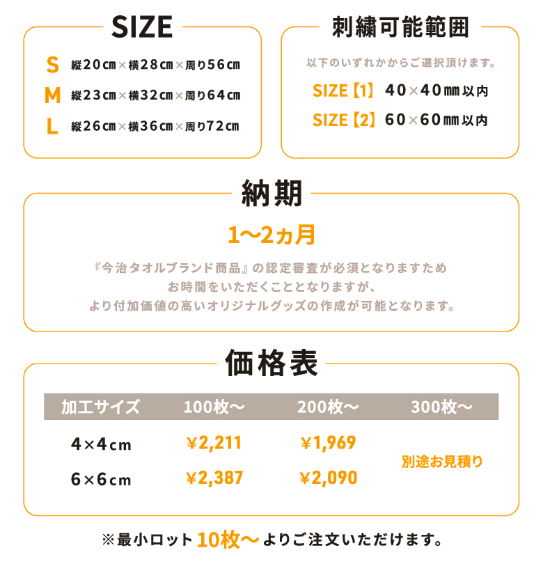 商品サイズ・プリント可能範囲・納期・価格表のご案内