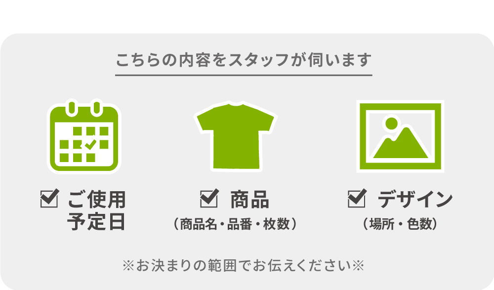 お電話ではご使用予定日・ご希望商品・デザイン等をお伺いします